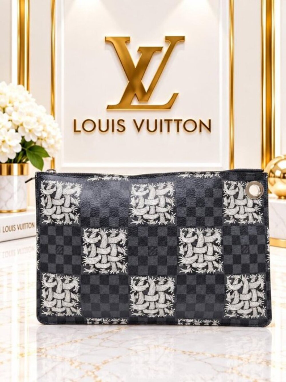 Authentic Louis Vuitton Pochette Jour PM Damier Graphite Rope Print Clutch Bag